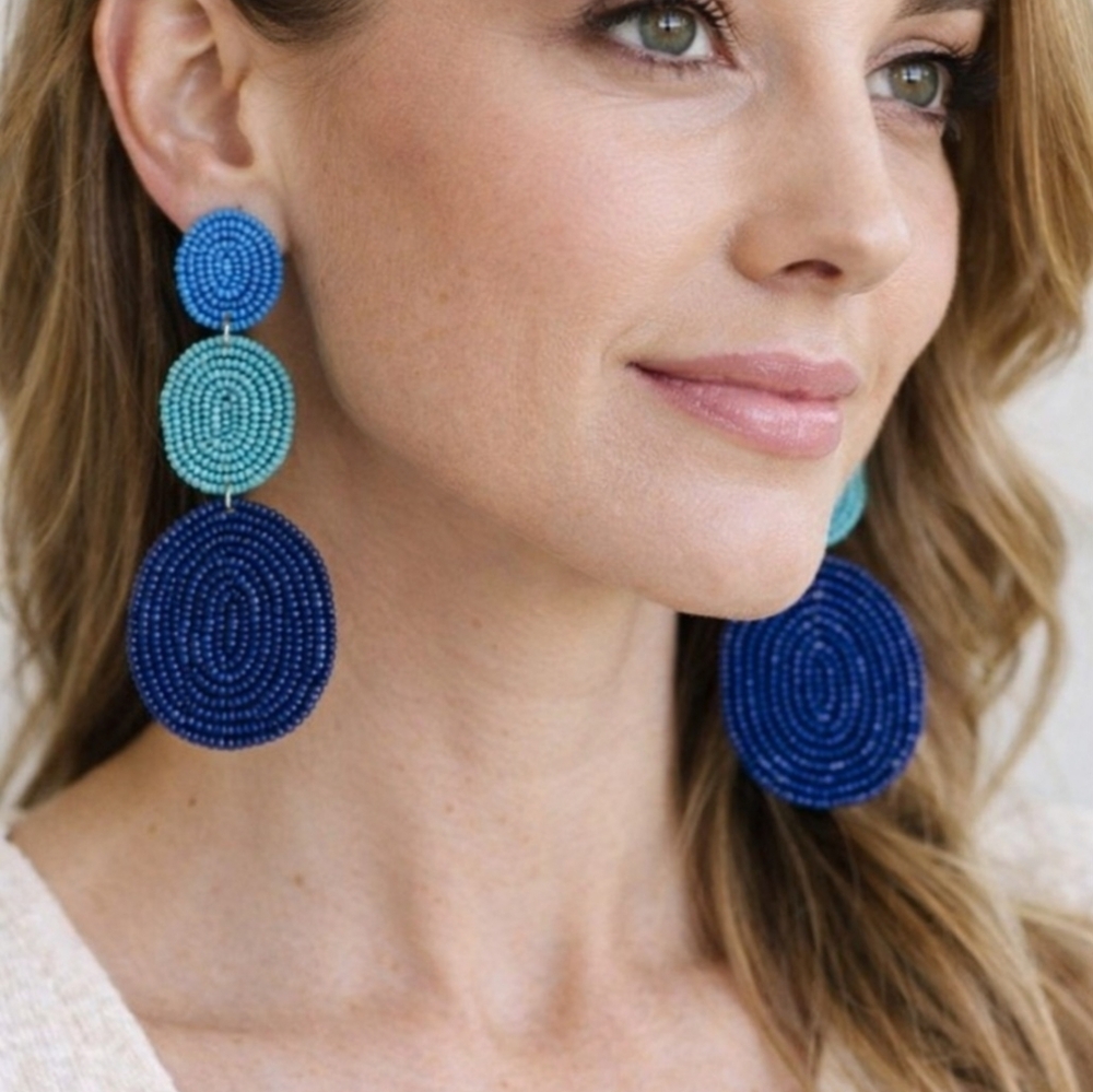 Kay Lee Blue Beaded Circle Earrings New